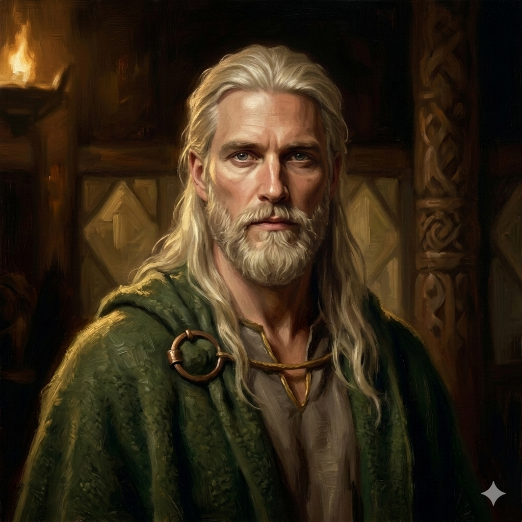 Painterly portrait of Forseti: a Norse god of justice in his hall at dusk, with long flowing pale-silver-blonde hair pulled back loose and a silver-streaked beard, wearing a moss-green wool cloak over a bone-white linen tunic, bronze ring-pin brooch at his right shoulder and a thin gold V-cord at his collar, calm patient grey-blue eyes, with a torch sconce upper-left and a knotwork-carved wooden pillar in the background.