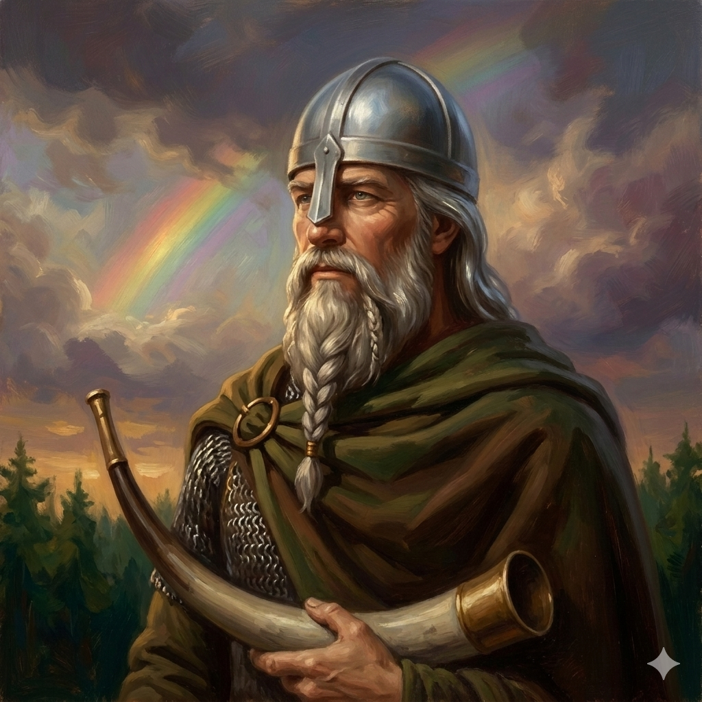 Painterly portrait of Heimdall: a Norse warrior with silvered braided beard, smooth steel skullcap, forest-green cloak, holding the Gjallarhorn, with the Bifrost rainbow visible in the storm-clouds behind him.