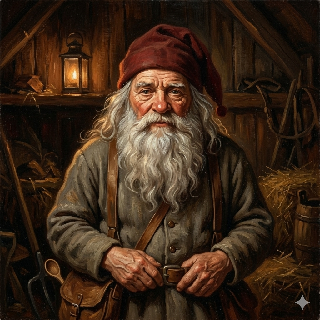 Painterly portrait of Tomte: an elderly Scandinavian household-helper spirit in a dim wooden barn-loft at dusk, wearing a deep oxblood pointed wool cap and grey-brown homespun tunic with leather straps, a whittled wooden spoon poking from his leather satchel, calloused hands at his belt, with a hanging lantern, hay bale, and pitchfork in the dim background.