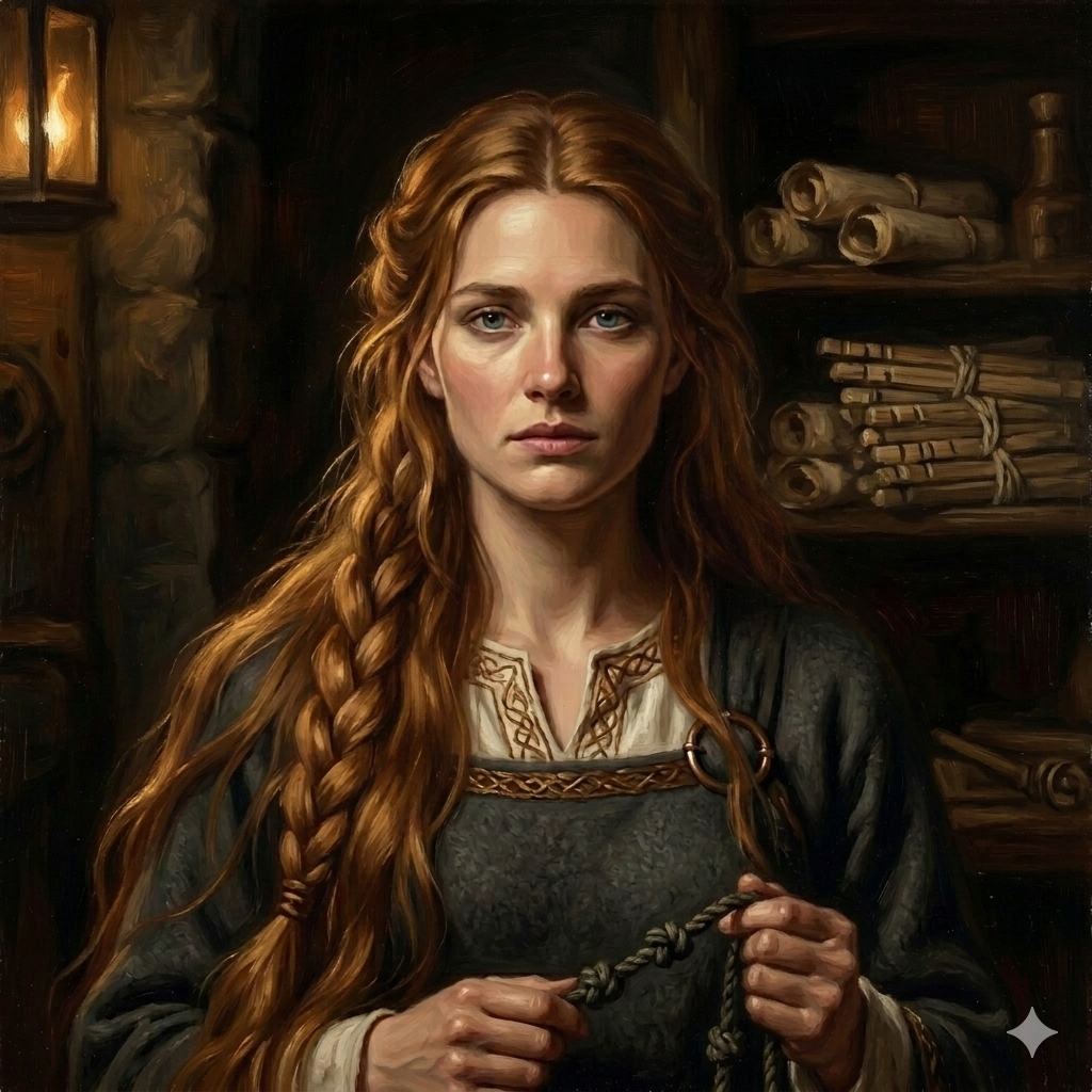 Painterly portrait of Vár: a young Scandinavian woman in a scribe's chamber at dusk, with long auburn-chestnut hair partially braided, wearing a charcoal-grey wool overdress over bone-white linen with bronze knotwork threadwork at the collar and a bronze brooch at her right shoulder, holding a knotted wool cord with multiple recorded pledges, with shelves of vellum scrolls and bundled tally-sticks visible in the dim background.