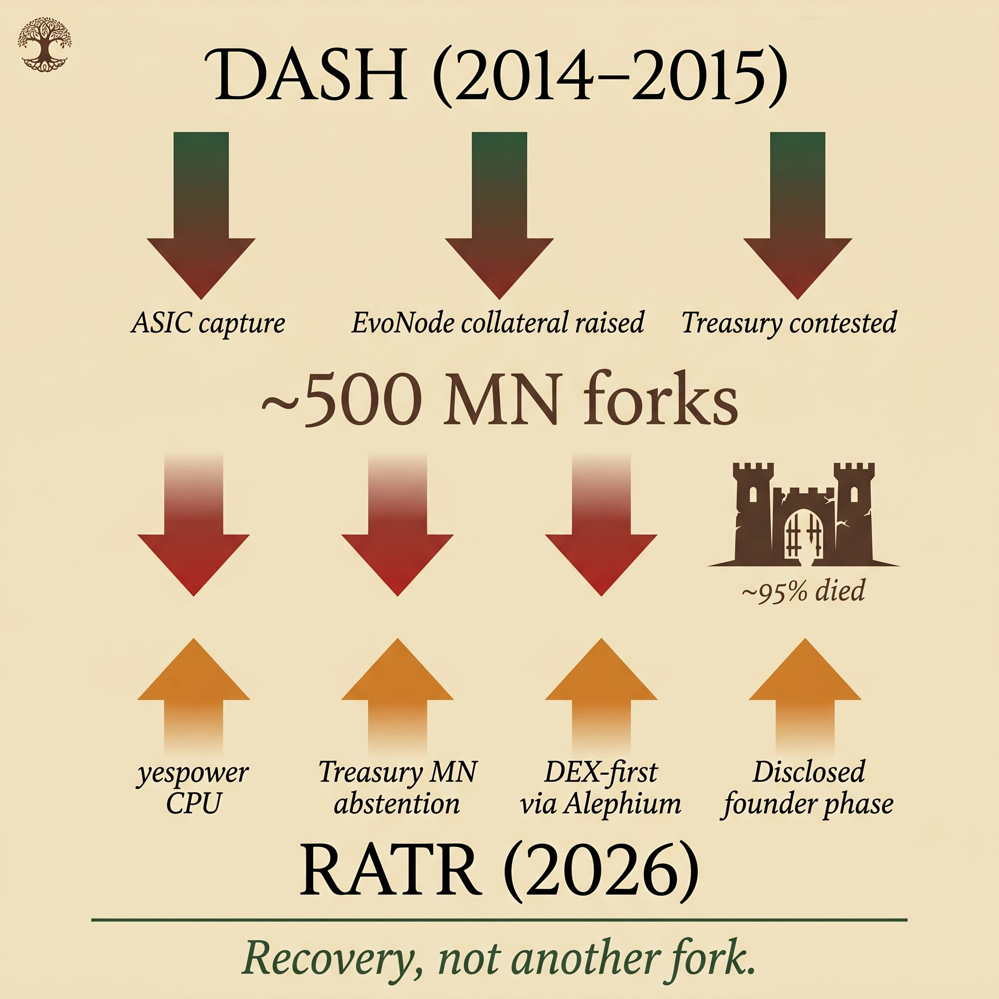 Vertical infographic showing Dash 2014-2015 origins, the drift of about 500 masternode forks (most of which died), and the four design principles RATR returns to in 2026: yespower CPU mining, treasury-MN abstention, DEX-first via Alephium, and a disclosed founder phase. Tagline: Recovery, not another fork's crown, Ratatoskr the messenger-squirrel running with a scroll, and Níðhöggr the serpent at the roots — bordered by Norse runes